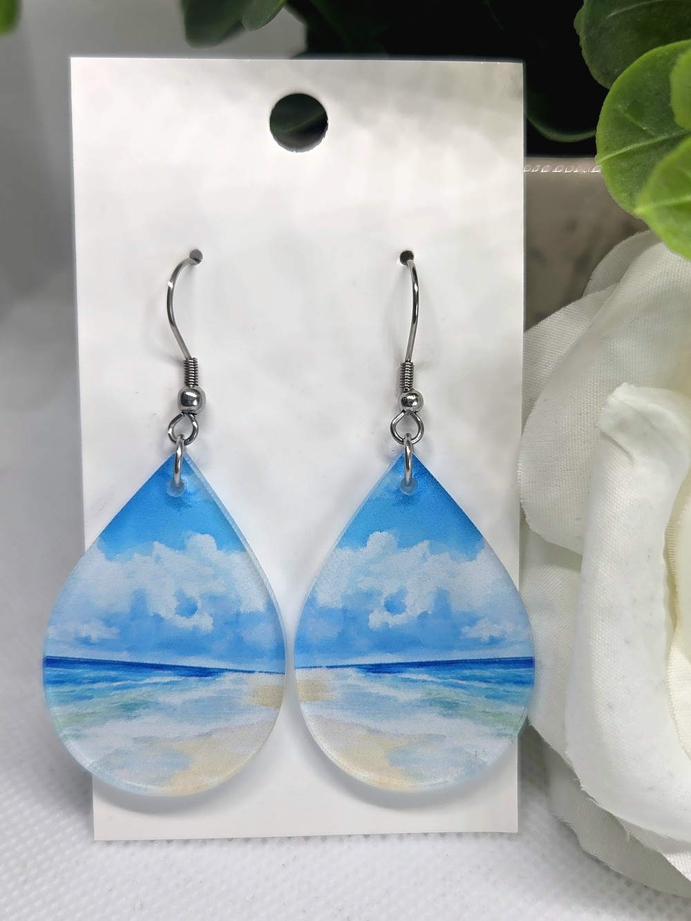 Blue Beach Scene Teardrop Earrings